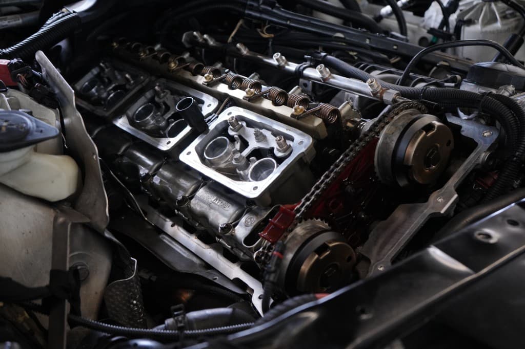 Close-up of a car engine in our London workshop
